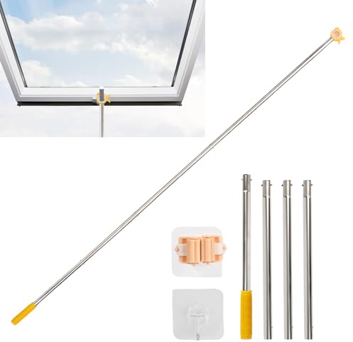 BigKing 187cm Fenstergriff Verlängerung mit Stockhaken Für Dachfenster | 5-Teilige Verlängerungsstange, Dachfenster Stange mit Granuliertes, Rutschfestes Silikon, Fensteröffner Aus Edelstahl