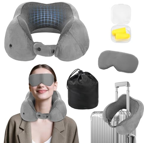 Ouxayapl Cojín cervical para adultos, cojín cervical de apoyo para adultos, cojín cervical ajustable, cojín de viaje extraíble, espuma viscoelástica con tapones para los oídos, antifaz para los ojos
