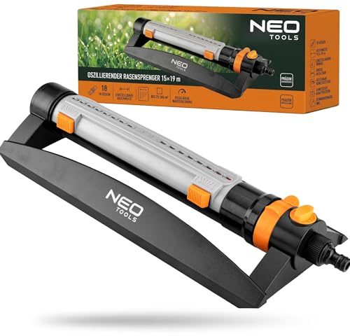 NEO TOOLS Viereckregner Oszillierend, Rasensprenger 15x19m bis 285 m2 Reichweite, 18 Auslassdüsen, Einstellbare Breite & Winkel, Inkl. Reinigungsnadel, Robust für Gartenbewässerung