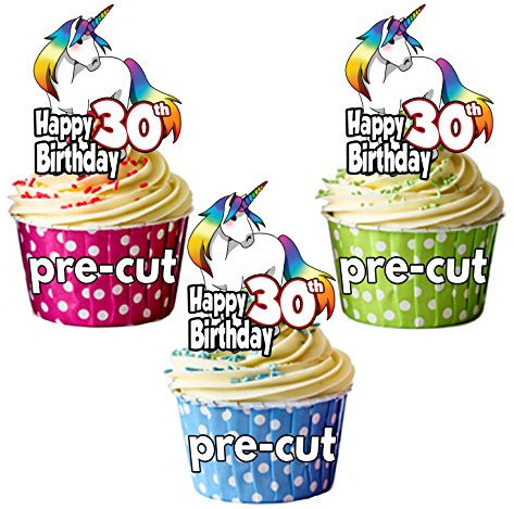 AK Giftshop PRECUT Magical Unicorn - 30th Birthday - Edible Cupcake Toppers/Cake Decorations (Pack of 12)