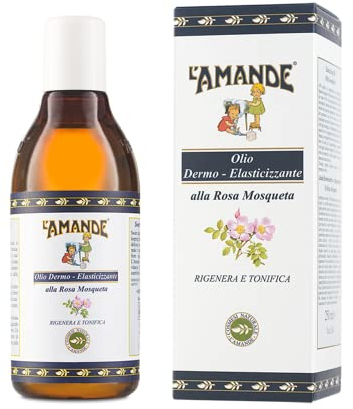 L'AMANDE - Olio di Rosa Mosqueta 100% Naturale con Vitamina E, Olio Corpo e Capelli Delicato Fresco e Fiorito, Azione Tonificante e Antiage, Ideale per Massaggio Pelli Mature o Giovani, 250 ml