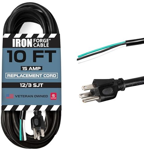 Iron Forge Cable 12 Gauge Power Cord Replacement - 10ft,15 Amp Black Heavy Duty, 12/3 SJT 3 Prong Cable - for Appliances & Power Tools, NEMA 5-15P