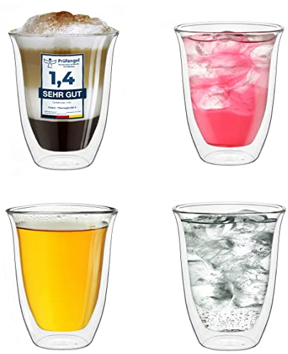 Creano Verres à double paroi 400 ml, lot de 4, grand verre thermo à double paroi en verre borosilicaté, verres à café, verres à thé, verres à latte, verres à double paroi