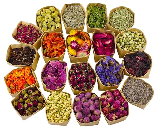 20 Pack*0.28oz Organic Dried Flowers|Linen Bag&Bamboo Clamp,Gluten-Free,Candle Soap Making,Lavender,Pink Rose,Jasmine and More