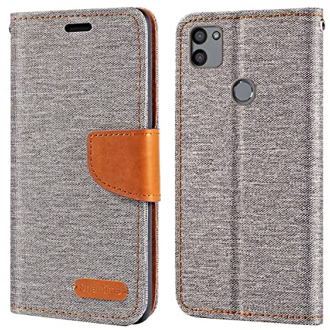 Geflochtene Lederhülle für Gigaset GS5 Lite - Grau | 6.3 Oxford-Gewebe-Wallet-Flip-Cover mit innerer TPU-Schale, integriertem Ständer und Kartenfächern