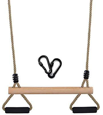 Wooden Trapeze Swing Bar with Gym Rings for Children's Swing Set Indoor Outdoor Garden,Yard,Playground