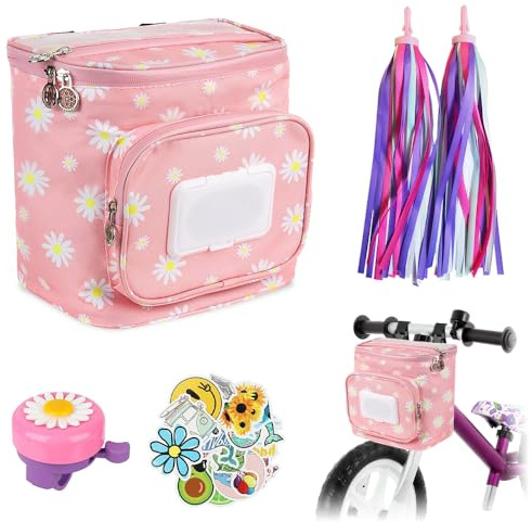 Aoreun Lenkertasche Kinder Fahrradkorb Vorne, Laufrad Lenkertasche Kinderfahrradkorb vorne Lenkertaschen mit Glocke, Aufklebern, Lenk Fransen Bändchen assend für Mädchen und Kinder (Rosa)