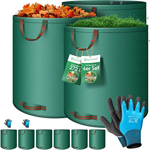 KESSER® Set di sacchi per foglie Sacco per rifiuti da giardino incl. Guanti, Robusto e pieghevole, Sacchi per foglie e l'erba tagliata Sacchi per rifiuti da giardino, 6x 272 Litri, Verde