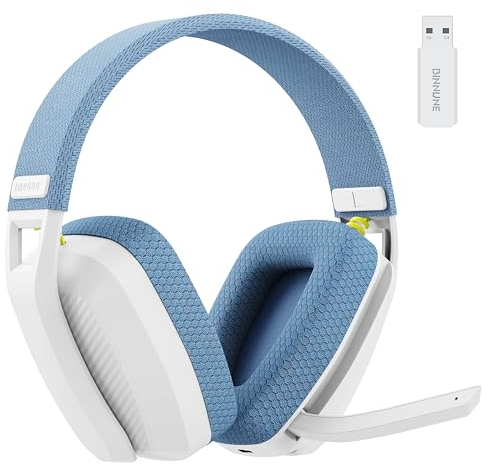 BINNUNE Casque de Jeu sans Fil 2,4 GHz avec Micro pour PS5, PS4, PC, Mac, Playstation 4 5, Casque de Jeu Bluetooth avec Microphone Rabattable, Casque de Jeu pour Ordinateur Portable, Bleu & Blanc