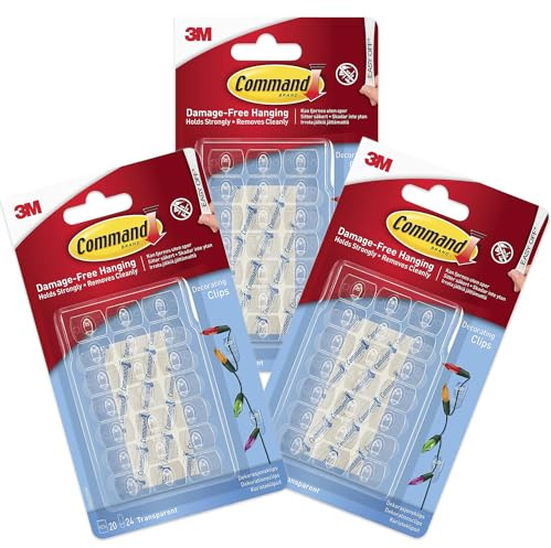Command Decorating Clips – 3X Pack of 20 Mini Hook & 24 Small Strips, Transparent Stick on Hooks for Hanging Fairy Lights & Christmas Decorations Hooks | Clear Adhesive Removable Wall Command Hook