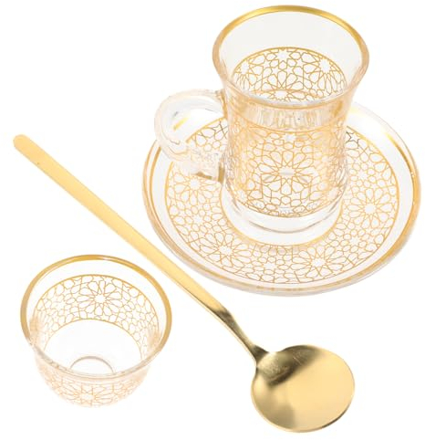 Uonlytech Ensemble De Tasses à Café Décoratives 200 Ml En Verre Avec Soucoupes, Design Vintage Doré, Pour Maison Et Bureau, 1 Lot Comprenant Tasse à Lait, Verre à Jus Et Cuillère