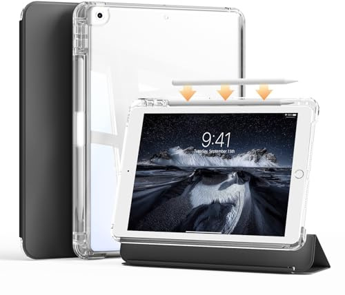 ZKTUYU Hybrid-Hülle für iPad 9./8./7. Generation mit Stifthalter 10.2 Zoll Modell 2021/2020/2019,2-in-1 abnehmbare Abdeckung mit transparenter Hartschale auf der Rückseite,Auto Schlafen/Wachen,Schwarz