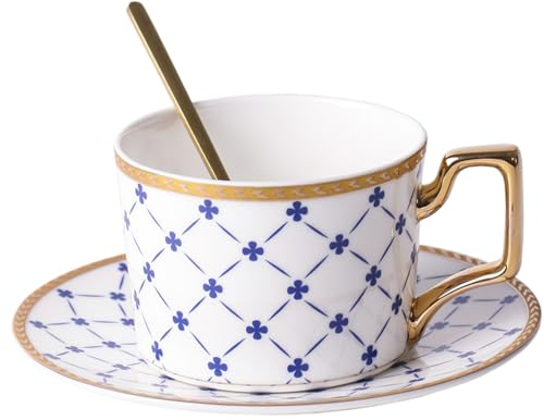 FfiMe Service à thé 3 pièces en porcelaine anglaise avec bord doré, tasses, soucoupes, cuillères, coffret cadeau pour la maison, les fêtes, les réunions de famille (emballage général blanc)