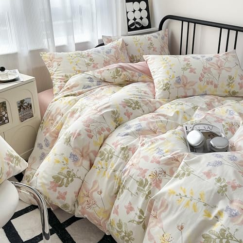 GETIYA Damen Bettwäsche 155x220 Baumwolle Bettwäsche Blumen Bunt Pflanzenmuster Bettbezug Mädchen Blumen Bettbezug Zweiteilig Weiß Rosa Wendebettwäsche mit 1 Kissenbezug 80x80