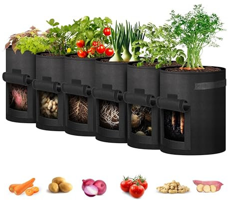 iPower Potato Grow Bags with Flap 10 Gallon 6 Pack, Garden Planting Pot with Durable Handle and Harvest Window, Thickened Nonwoven Fabric Container for Potato, Tomato, Carrot, Vegetable and Fruits