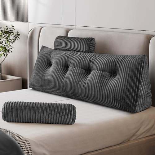 Z-hom Bücherkissen, Keilkissen, Lesekissen Für Bett Und Sofa, Cozy Rückenkissen, Praktisches Seitenfach, Removable Cover, Mit Rundem Kopfkissen (Grau-FR, 100 cm)