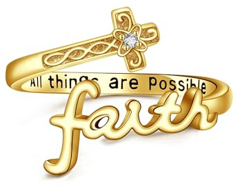 ONEFINITY Glaubens Ring aus 925er Sterlingsilber Kreuz Glaubensring Verstellbarer Löffel Glaubensringe Christliche Ringe Schmuck Geschenk für Frauen Mädchen Tochter Freundin-Gold
