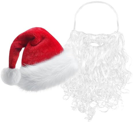 JINGLING Weihnachtsmann-Bart und -Mütze,Weihnachtsmann-Bart und -Mütze | Cosplay Bart und Mütze Set - Künstlicher weißer Bart und Weihnachtsmannmütze als Weihnachtskostümdekoration für Männer und