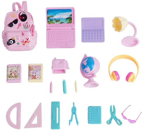 18Pcs Mini School Supplies Dollhouse, Including Tiny Backpack, Mini Laptop, Desk lamp, Stationery, Globe, Glasses, Headphones Doll House Accessories Set.
