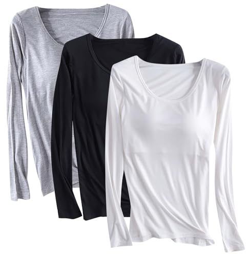 Lot de 3 t-shirts en modal avec soutien-gorge intégré pour femme – Chemise rembourrée à manches longues – Haut de yoga doux confortable – Vêtements de sport décontractés – Vêtements de nuit – Chemise