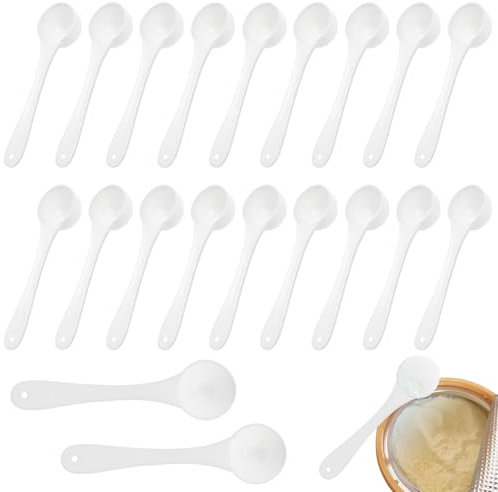 Juego de 20 cucharas medidoras de plástico, mini cuchara de fondo redondo con agujero para colgar, cuchara medidora de 2.5 gramos, reutilizable, para café, azúcar, especias, proteínas para cocinar y