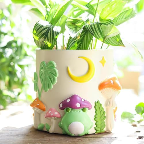 AmiCera Funky Frog Blumentopf, Süße Einzigartig Sukkulenten Pflanzentopf mit Drainage, Kleiner Pilz Pflanzentöpfe für Zimmerpflanzen, einzigartige Eklektische Heimdekoration, Weiß