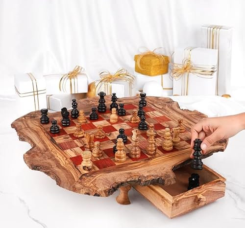 M´Zaytouna Schachspiel Holz, Schachbrett aus Olivenholz, Brettspiel Holz, Handgefertigt,100 Bio, rustikal mit Schublade, Schachbrett mit Füße inkl. Figuren, einzigartige Schachgeschenke (Rot)