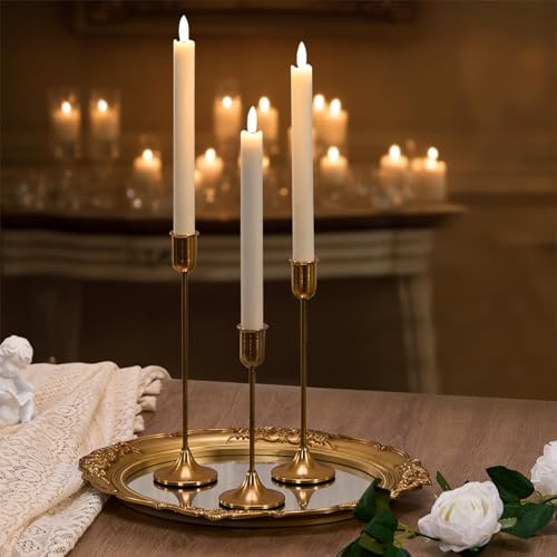 Gold Candlestick Holders, Brass Metal Taper Candle Stick Holders Set of 3