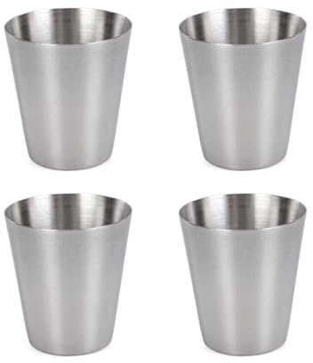 Qsvbeeqj Tragbare Metall-Trinkbecher, 30 ml, Gläser für Wandern, Picknicks und Reisen, mit PU-Lederetui, 4 Stück