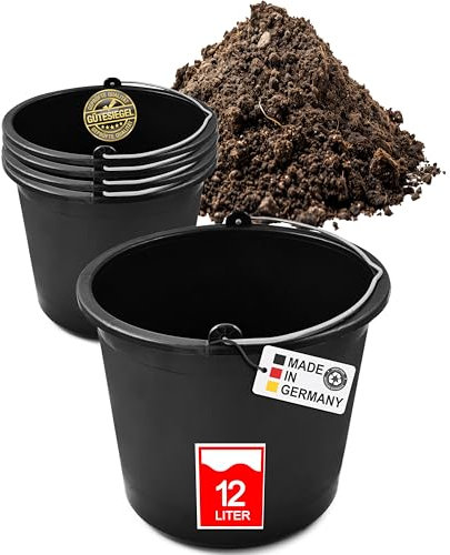 Baueimer 12l - Mörteleimer mit Henkel - Eimer für Baustelle & Garten - Stabiler Wasserkübel, Betoneimer mit Skala, Recycelter Kunststoff, Made in Germany (12 Liter (5 Stück))