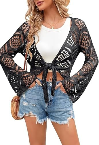 Saodimallsu Cardigan estivo da donna, scollo a V, stile bohémien, oversize, a maniche lunghe, a maglia, sexy, da spiaggia, bikini, Nero , L