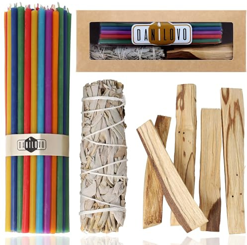 Danilovo Räucherset Hausreinigung: 5 Palo Santo Räucherholz, 1 Weißer Salbei zum Räuchern und 50 Bienenwachskerzen - Ideal für Entspannung, Meditation, Raumreinigung, und Aromatherapie