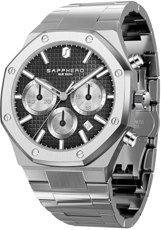 SAPPHERO Montre à quartz pour homme - Mouvement à quartz - Chronographe - Octogonale - En acier inoxydable - Étanche à 50 m - Montre analogique de luxe à quartz - Avec date - Élégante, Noir argenté