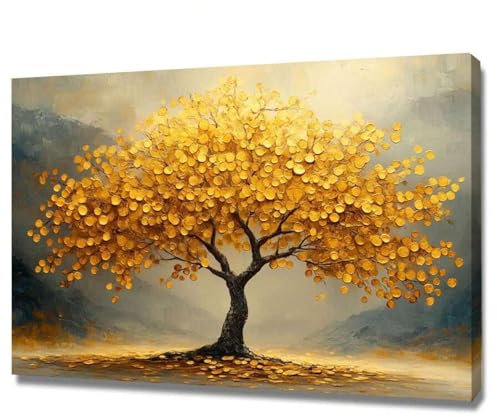 lianyibo Quadro su tela con albero della vita dorato, dipinto su tela con texture astratta, per la decorazione del soggiorno, con cornice da 60x105 cm