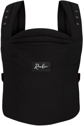 Rookie Babytrage ab Geburt - Ergonomisch, Bequem, Bio-Stoffe - Premium Elite Design - Baby Trage schnell & einfach angelegt - Baby carrier für Neugeborene bis 2 Jahre (Black)