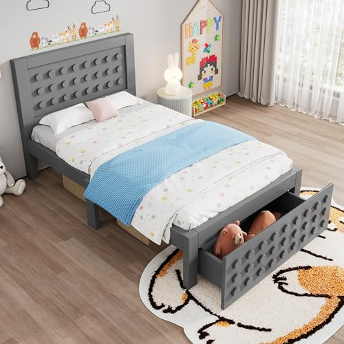 Merax Kinderbett 90x200cm, Einzelbett mit Schubladen, Holzbett mit Lattenrost und Unterm Bett Stauraum, Jugendbett mit Kreativem Block Design, Bettgestell aus Massivholz & MDF, ohne Matratze, Grau