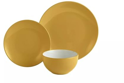 12-Piece Stoneware Dinner Set, Mustard Yellow, Modern Dinnerware Collection