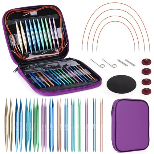 Coopay Juego de Agujas Circulares Intercambiables para Tejer Punto y Lana, 3,0-10 mm, Regalos para Tejedoras, Agujas con Bolsa de Almacenamiento, 13 Pares Aguja Circulare Intercambiables - Púrpura