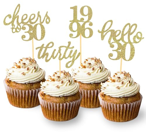 24 Stück Glitzer 30. Geburtstag Cupcake Topper | Geburtstagsdeko von 1996 für 30 Geburtstagsfeier Zubehör Party Dekoration Kuchendekoration in Gold
