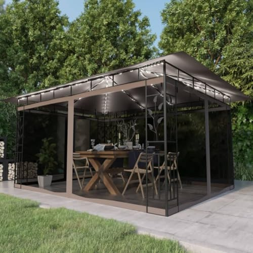 HETFTJN Tonnelle 4 x 3 m taupe avec moustiquaire solaire LED Guirlande lumineuse pavillon de jardin en acier robuste Auvent de barbecue pour jardin, terrasse, camping