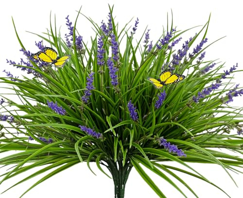 YILIUFA 16 Bundles Artificial Outdoor Plants and 2 Pcs Butterfly Stakes Fake Monkey Grass with Flowers UV Resistant Faux Plant Greenery for Outside Planter Porch Patio Garden Window (Purple)