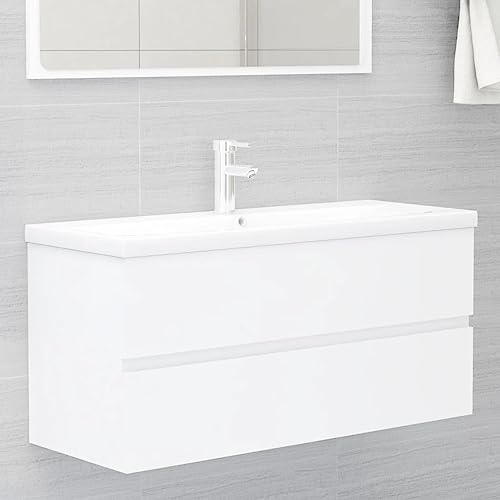 Ziaphsol Tvättställsskåp, vitt, 100 x 38,5 x 45 cm, trämaterial, badrumsmöbler med låda, Pedestal Handfatsskåp, robust, under handfat, modern design för badrum