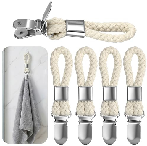 FdcLixuvol 5 Pcs Hanging Tea Towels Clip, Metal Kitchen Towels Clips with Hanging Loop Hand Towel Clip Holder Hook Cotton Cloth for Home Bathroom Cupboards Cloth Hanger
