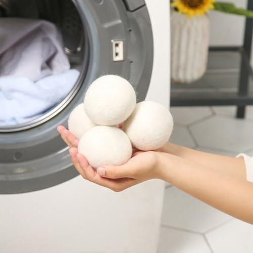 RichVibe Reusable Wool Dryer Balls Washing Machine, 6 Pack, 6 cm, White, Reduce Drying Time, Static, Deodorizing, Home Laundry Use
