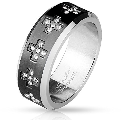 Paula & Fritz® Ring aus Chirurgenstahl Edelstahl 316L Band schwarz mit Kreuzen aus Zirkonia 63 (20)