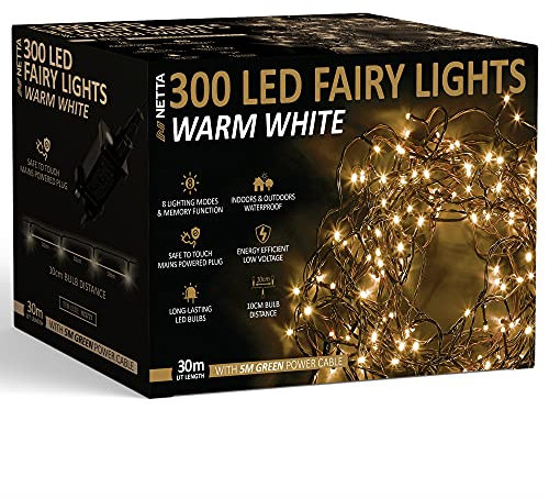 NETTA Christmas Tree Fairy Lights - 30M 300 LED Mains Powered, Waterproof Outdoor String Light, 8 Modes Plug in Lighting Outside Indoor & Outdoor Garden Xmas Decorations - Warm White