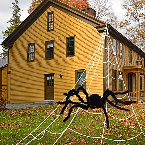 Whaline Halloween Giant Spider Web With Giant 35in Black Spider for Halloween Outdoor Yard Decoration (16.4x15.7ft)