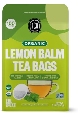 FGO Organic Lemon Balm Tea, 100 Count, Eco-Conscious Herbal Tea Bags, Resealable Bag, Caffeine Free, Packaging May Vary (Pack of 1)