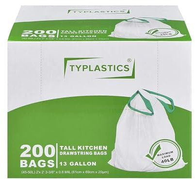 TYPLASTICS Bolsas de basura altas con cordón para cocina, 13 galones (200 unidades)