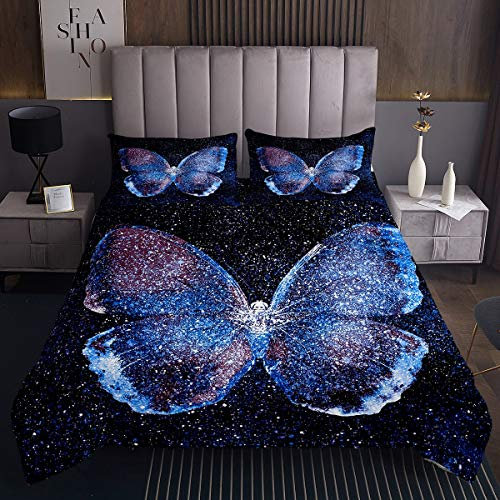 Tbrand Schmetterling Tagesdecke 170x210cm Girly Blau Galaxis Bettüberwurf Luxus Fliegende Insekten Sternenhimmel Steppdecke für Kinder Tier Wohndecke Mit 1 Kissenbezug